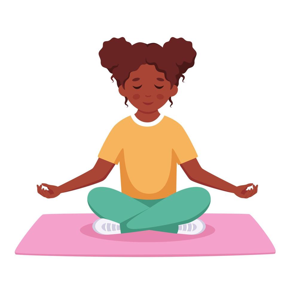 chica negra meditando en posición de loto. gimnasia, meditación para niños vector