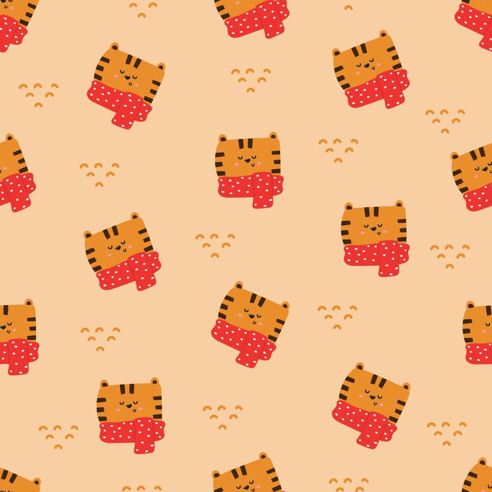 Hand drawn cute seamless pattern of tiger head with scarf. vector