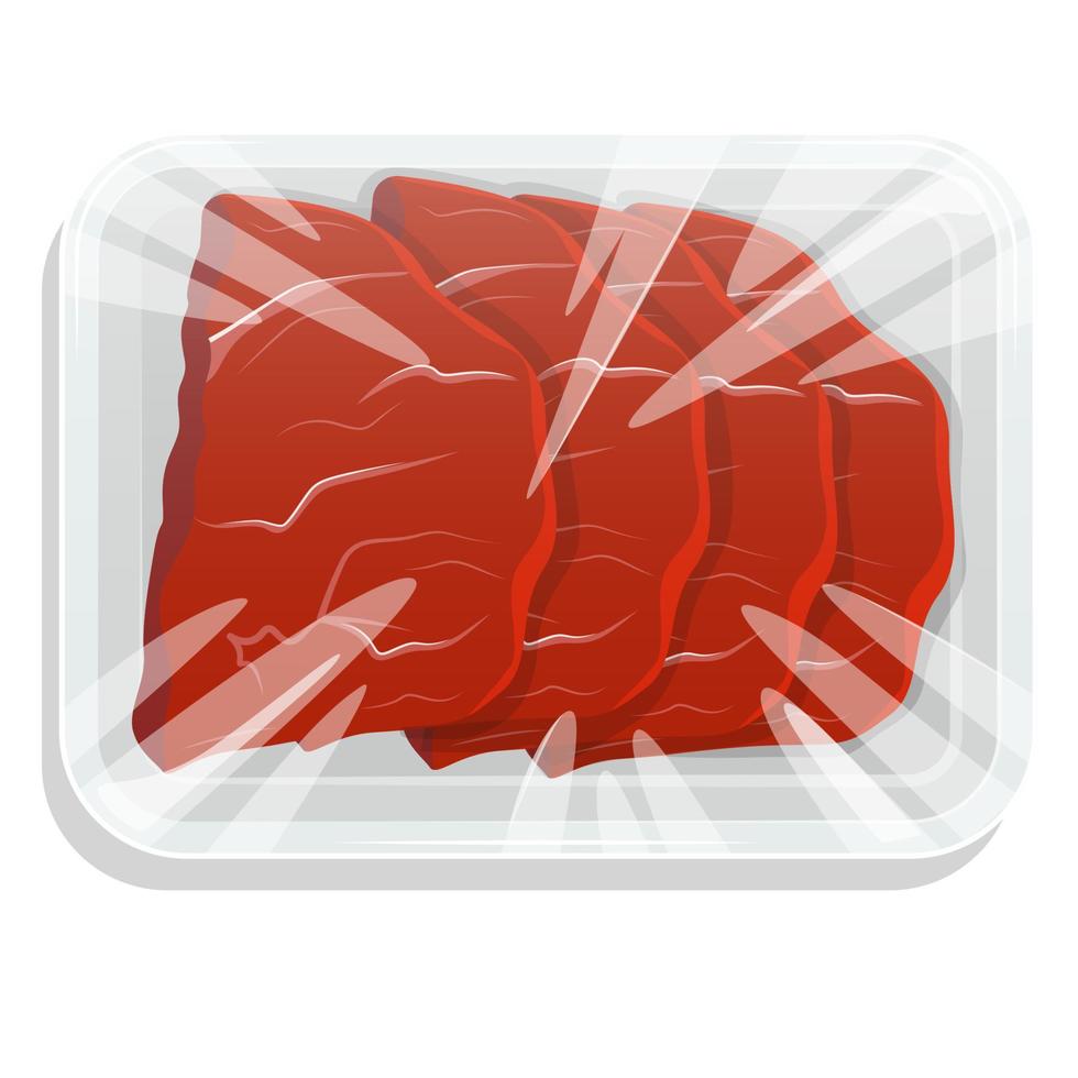 Fresh meat. Steak. A piece of meat in a vacuum pack. Pork and beef in a plastic tray. Vector illustration.