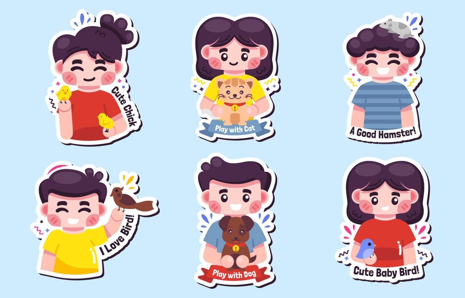 Children with Pets Sticker Collections vector
