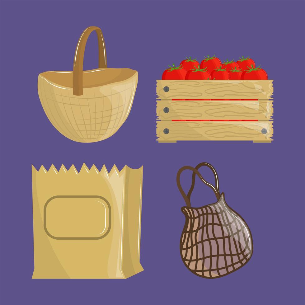 set of basket and paper bag vector