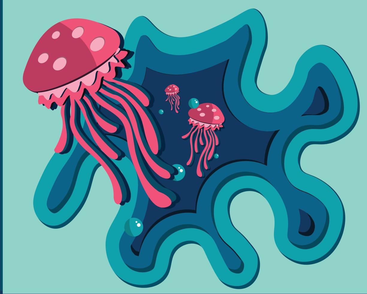 Art  Illustration paper cut background of blue tones with pink jellyfish vector