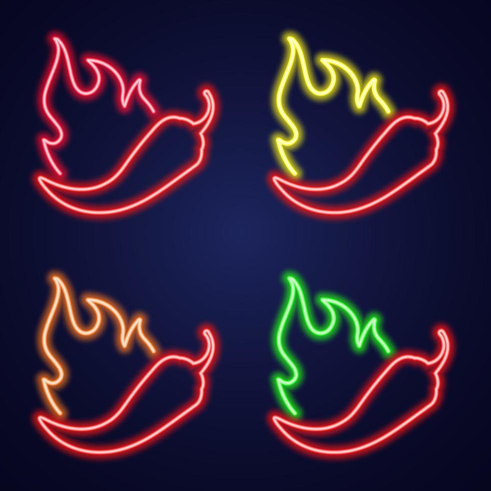 conjunto de iconos de neón chili con fuego. letrero con pimiento picante. Ilustración de vector de niveles de especias. señales luminosas de la noche