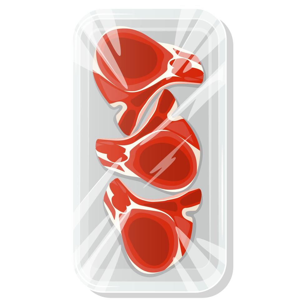 Steak on the bone. A piece of meat in a vacuum pack. Pork and beef in a plastic tray. Vector illustration.