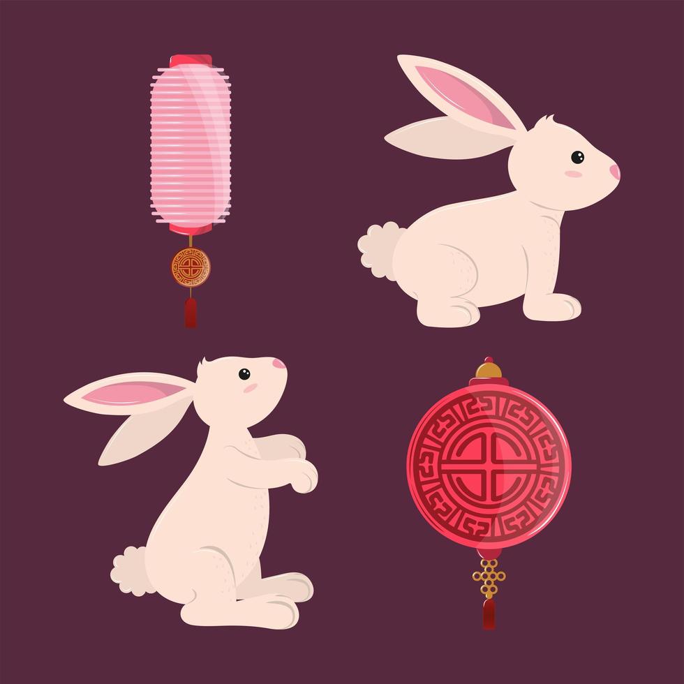 rabbits with lanterns set vector