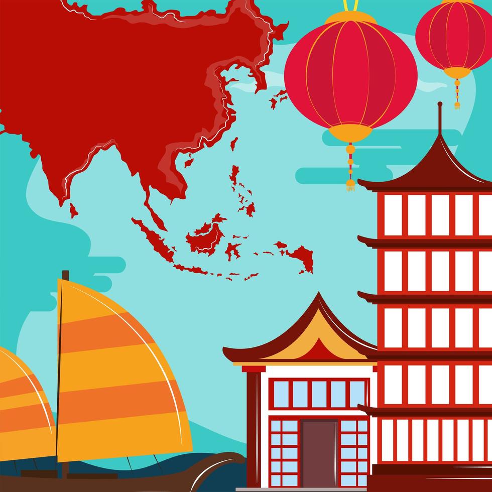 asia temple boat and lantern vector