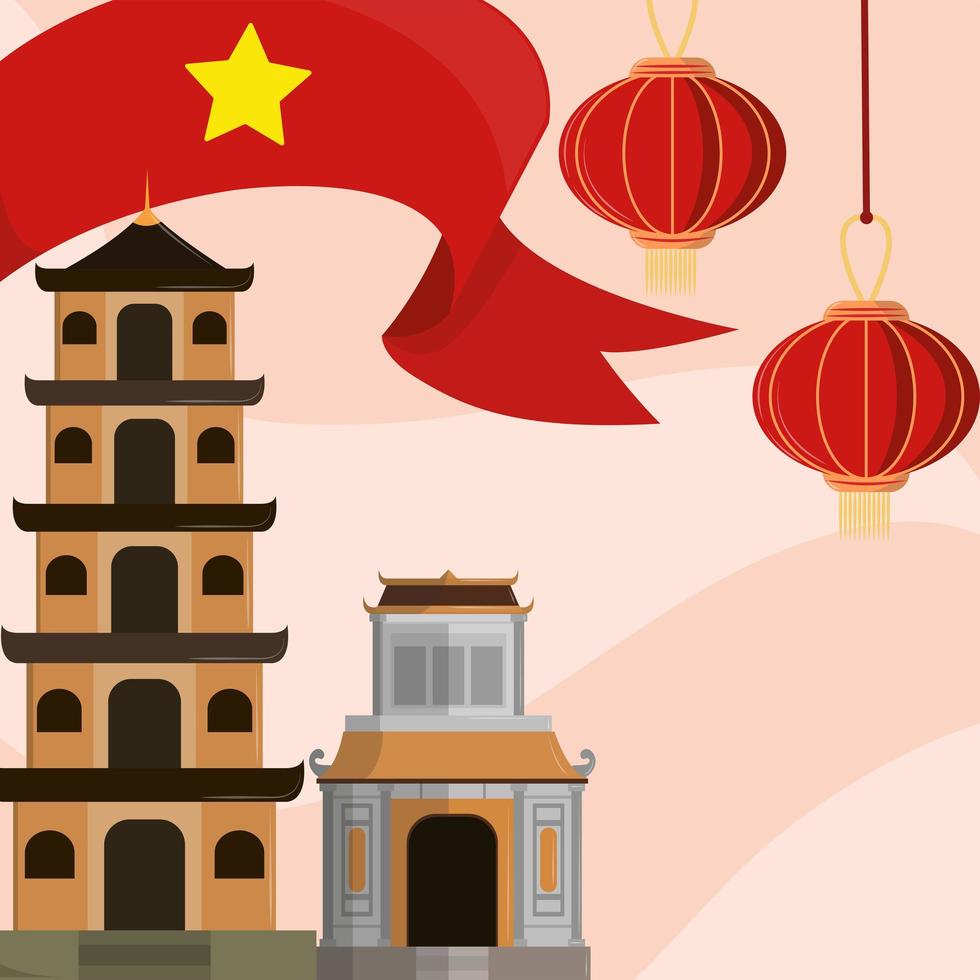 vietnam temples and flag vector