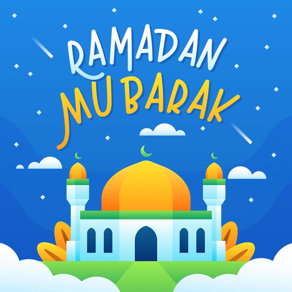 Ramadán mubarak texto con mezquita sobre la nube por la noche vector