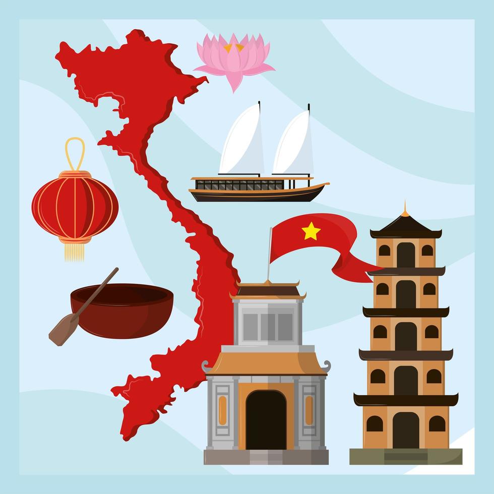 vietnam landmarks and flag vector