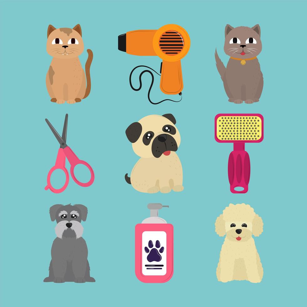 pet grooming icons set vector