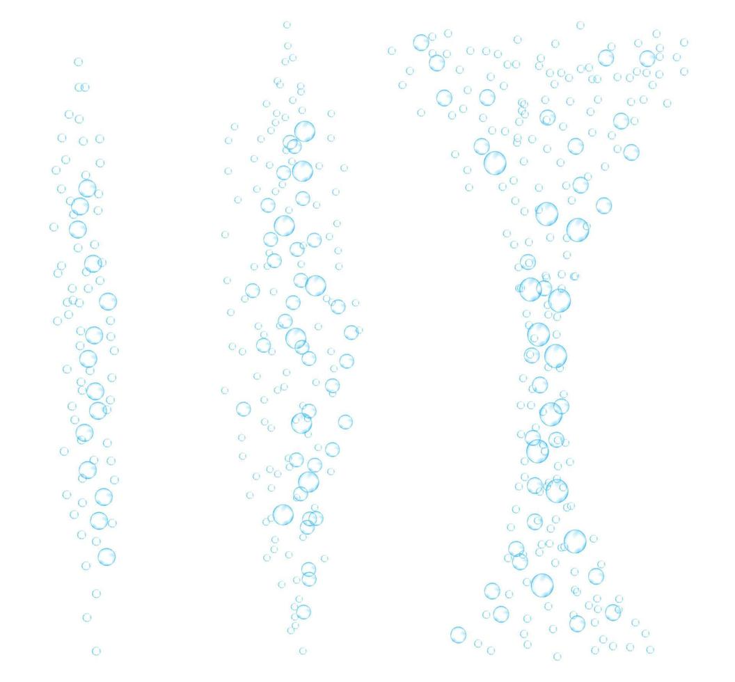 Underwater bubbles of fizzing soda. Streams of air. Dissolving tablets. Realistic oxygen pop in effervescent drink. Blue vector sparkles on white background