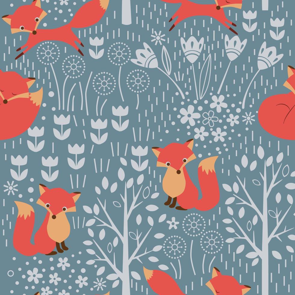 Seamless spring pattern with foxes flowers vector