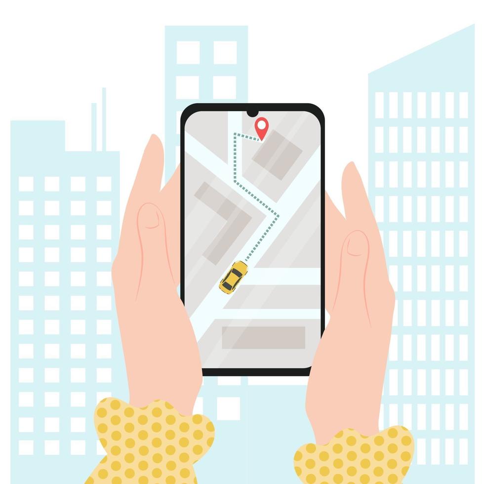 Taxi online service with using mobile phone, flat cartoon smartphone with yellow cab and street map, in female hands. Smart taxi concept. vector