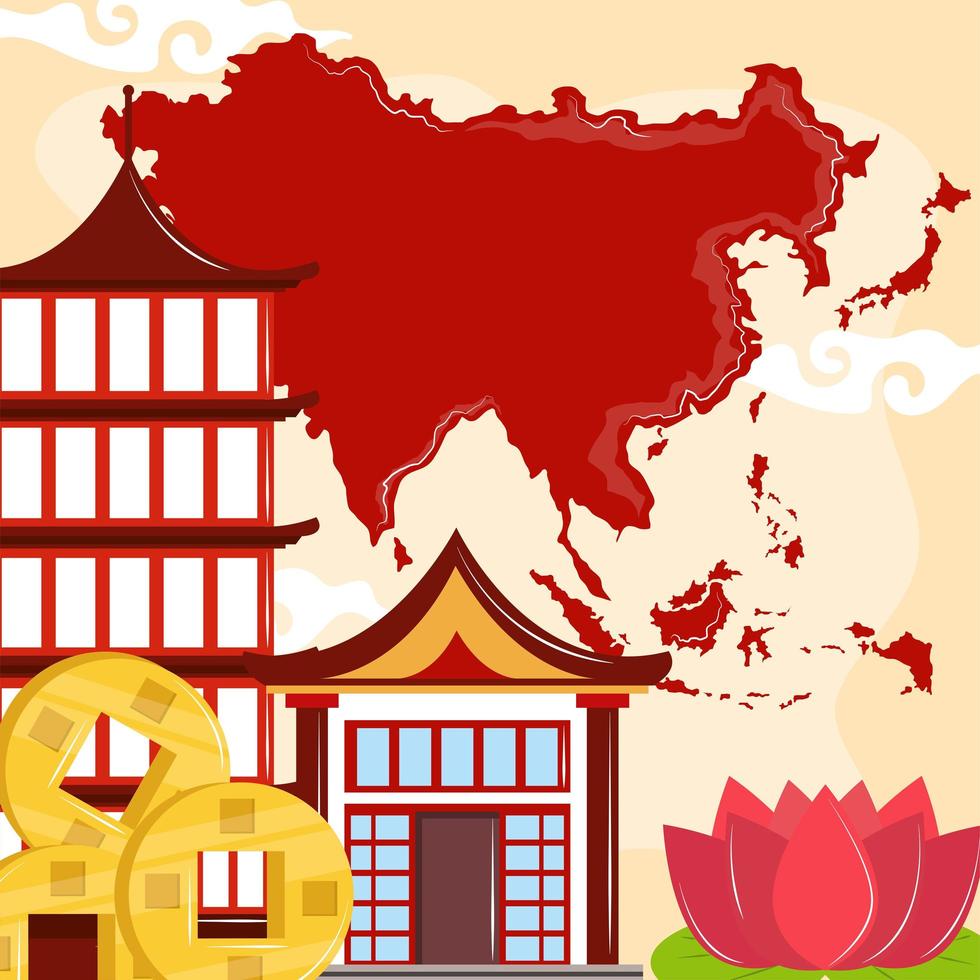 asian pagoda map and flower vector