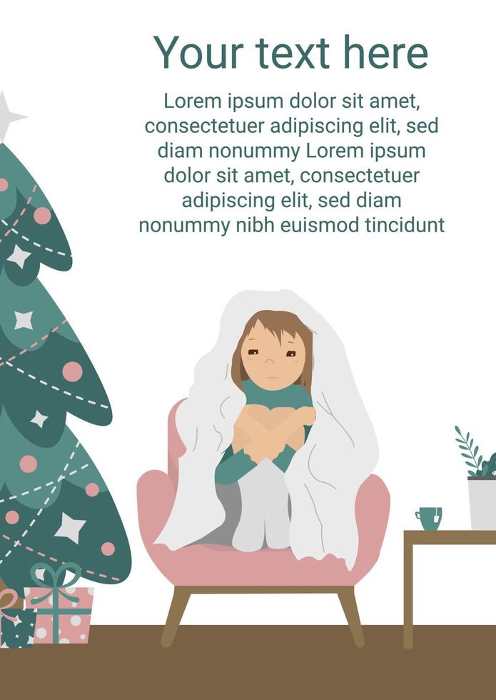 Christmas template with girl under the blanket and christmas tree. Perfect for banner or advertisment. vector