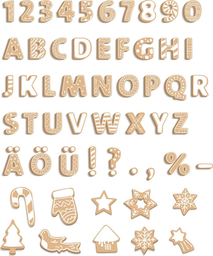 Gingerbread cookies alphabet for decoration design. Christmas Letters. Sweet dessert font. Winter elements. vector
