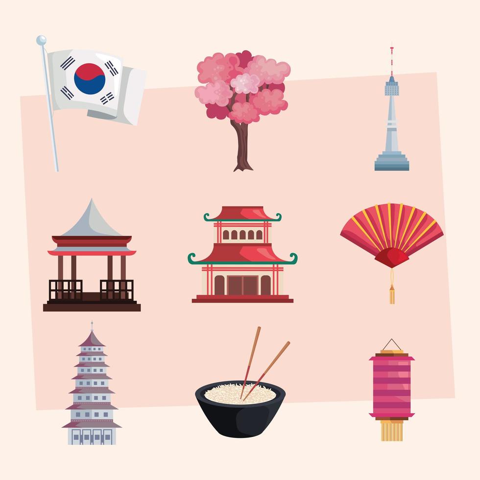 nine korea culture icons vector