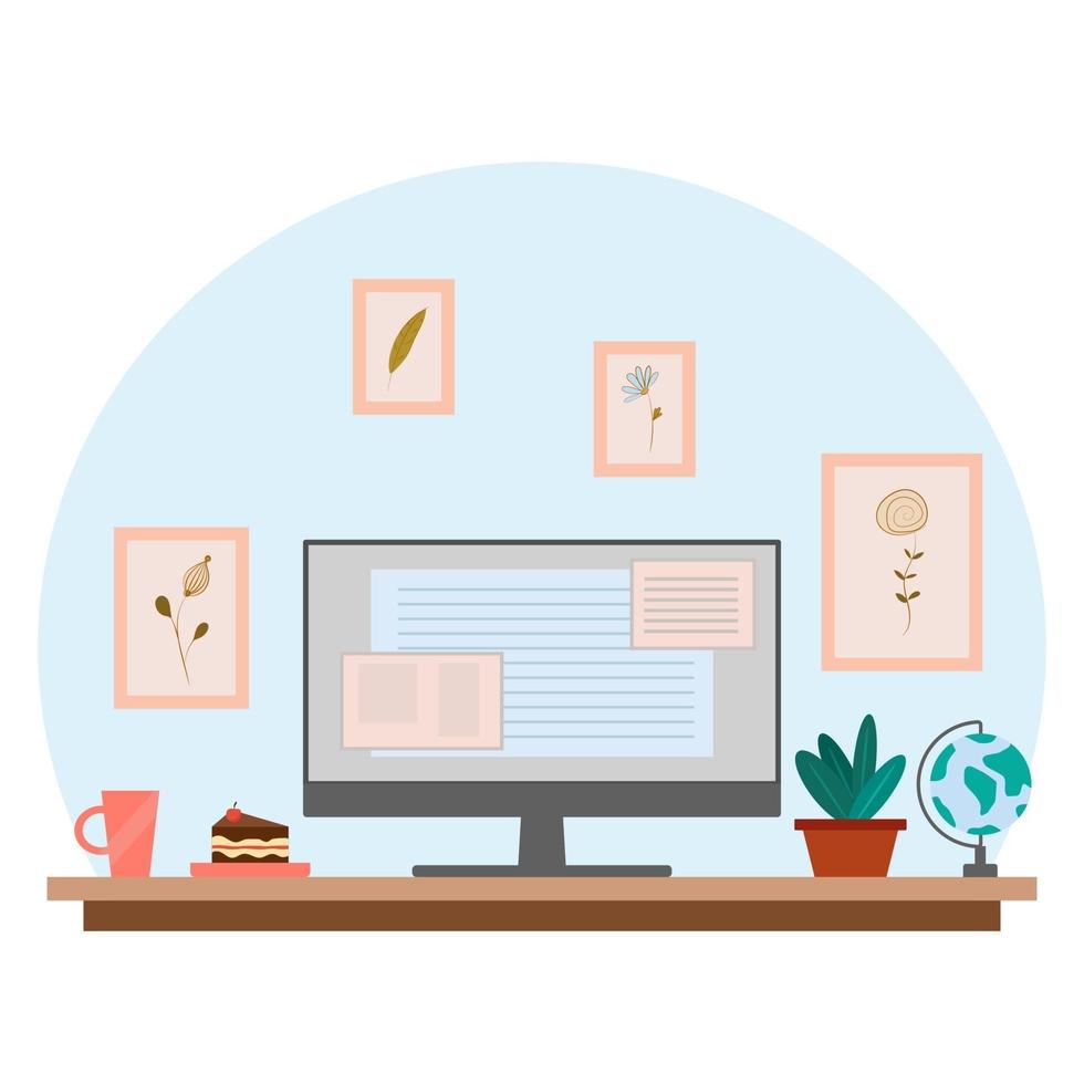 Home workplace. Home office and working from home concept. Interior for freelancer, with computer, table, cup and piece of cake, and plant pot. vector