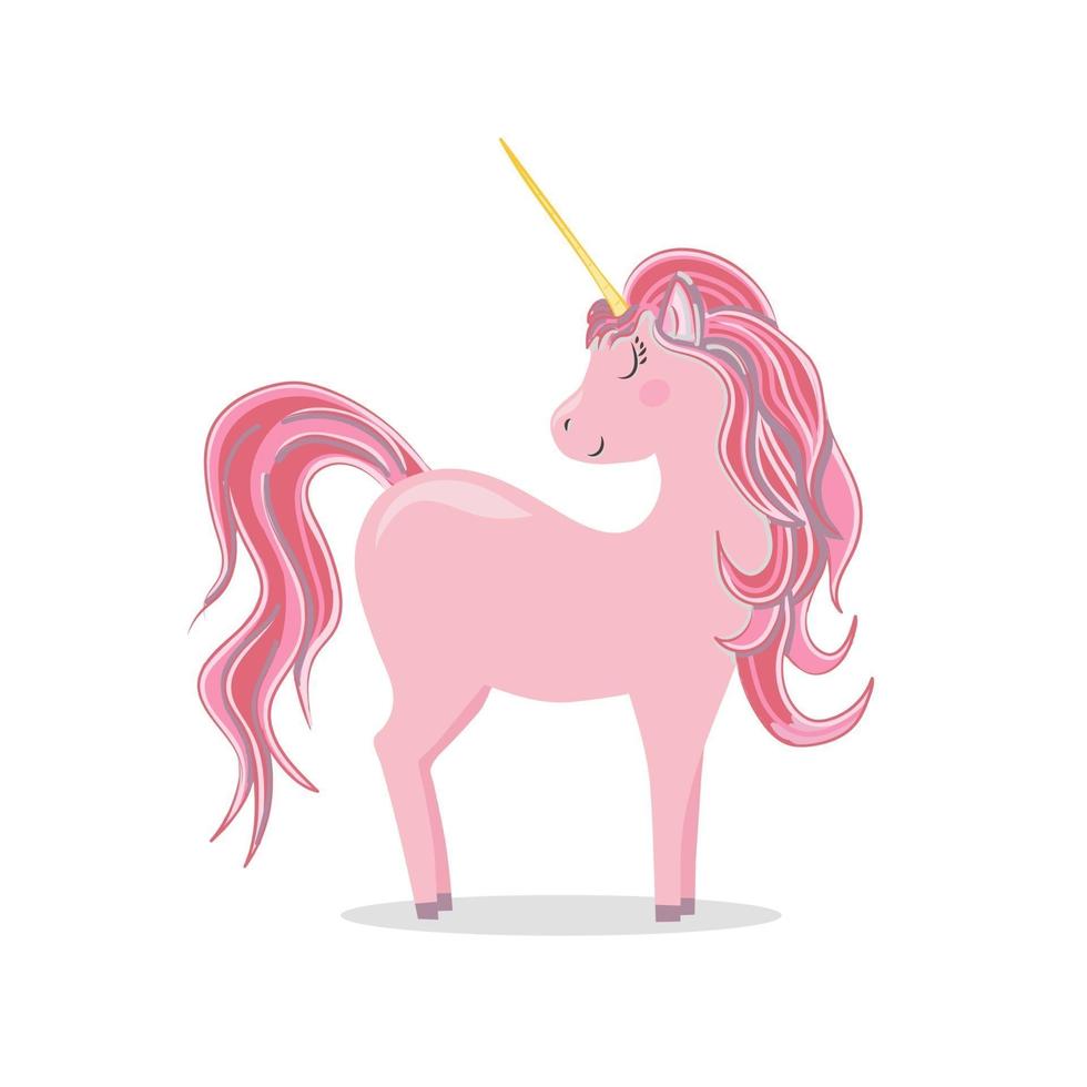 Cute pink unicorn, vector childish illustration in flat style. For poster, greeting card and baby design.