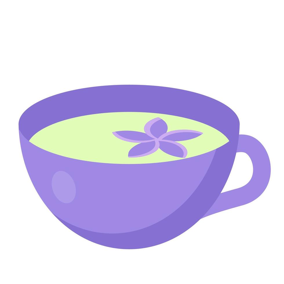 Funny cartoon mug with herbal tea with flower, cute vector illustration in flat style. Purple, violet and green colors. Autumn hot drink, cozy style print. Cup of herbal drink