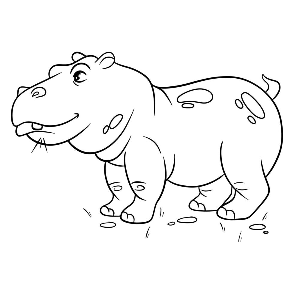 Animal character funny hippo in line style coloring book. vector