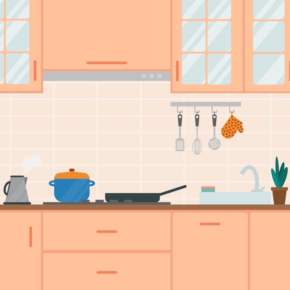 Cozy kitchen interior in peach shades, flat vector illustration.