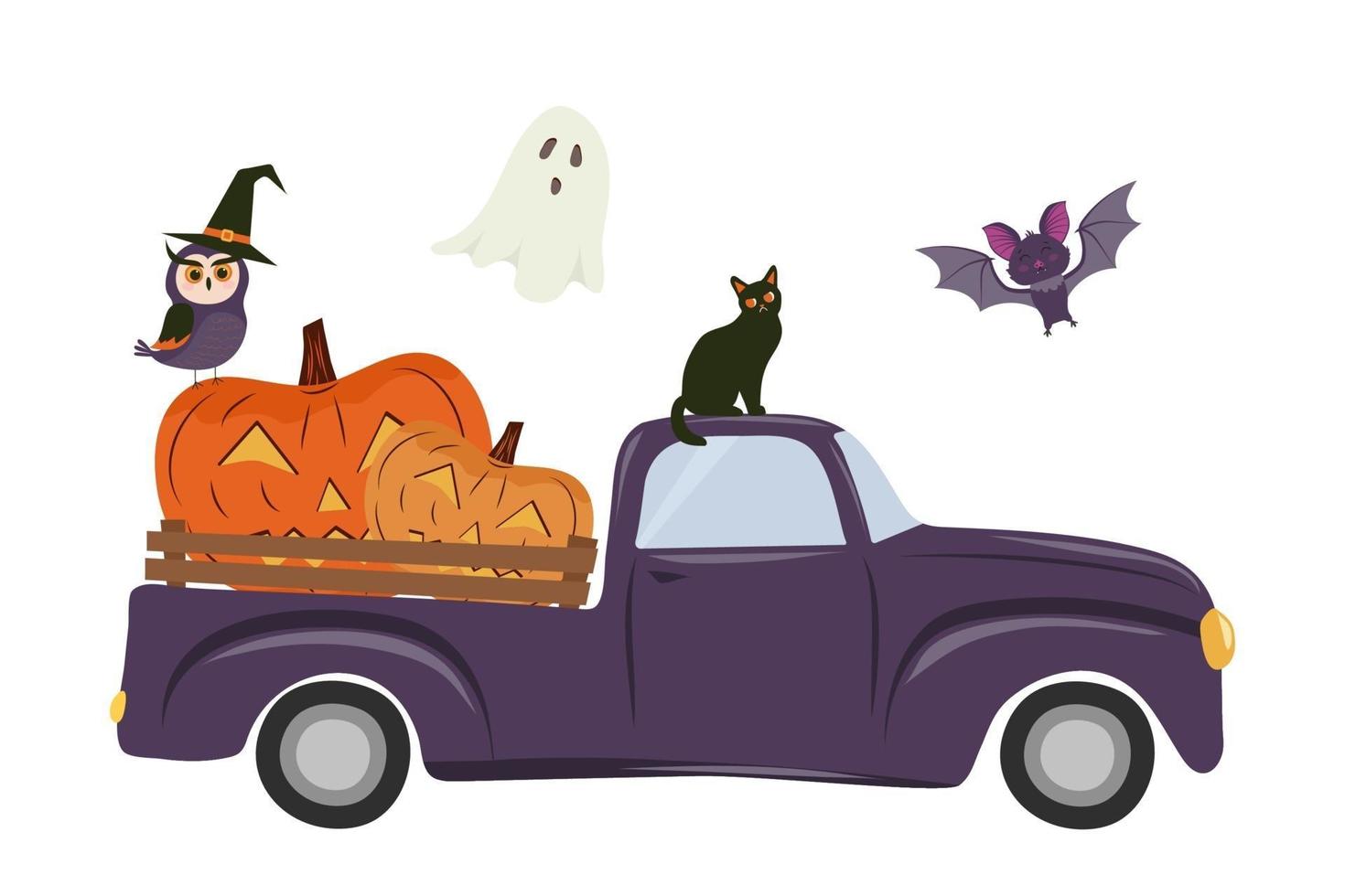 Happy Halloween Truck with Pumpkins Jack O'lantern, Vampire Bat, ghost, cat and owl in the witch's hat. vector