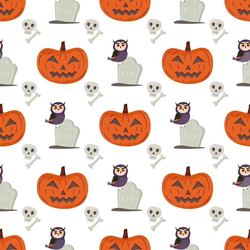 Halloween seamless pattern with pumpkin, owl, tombstone, skull and bone. vector