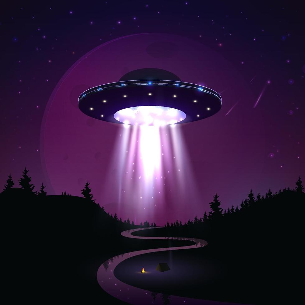 Flying UFO over night landscape vector illustration. Alien invasion of earth. Supernatural spaceship with glow lights hovers over the river