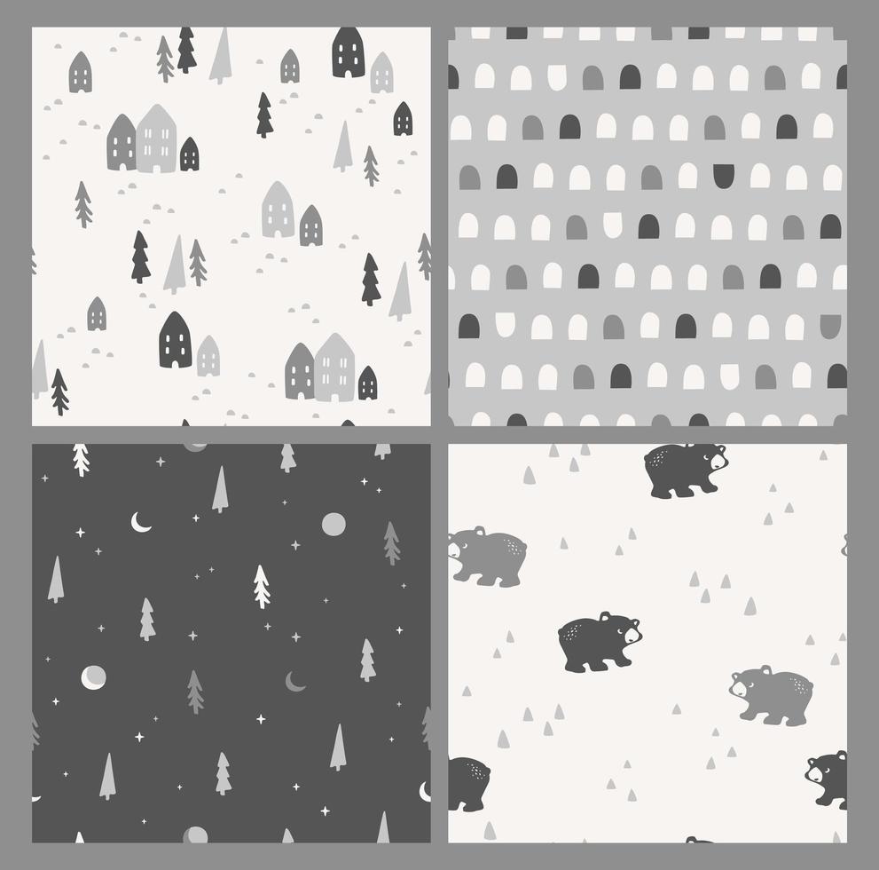 Vector set of cute winter seamless patterns. Nature, trees, houses, bears.