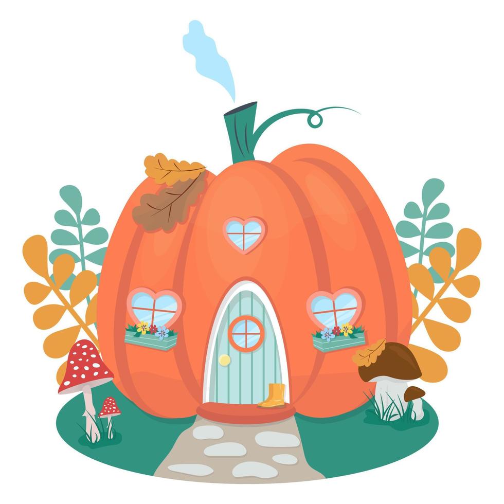 Cute pumpkin house. Cartoon pumpkin gnome house. Vector illustration.