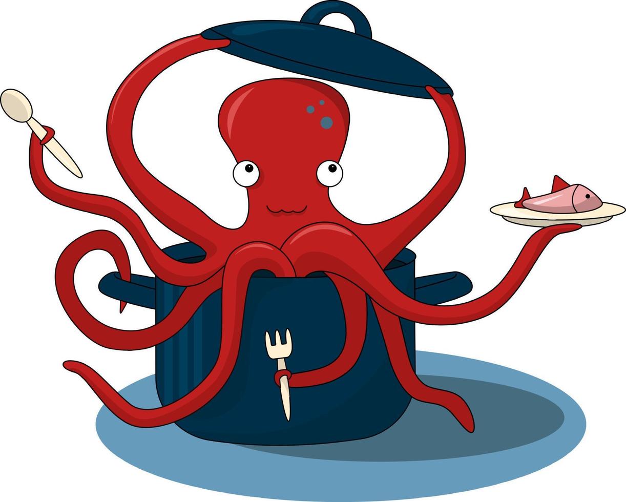 Red Octopus chef in a saucepan vector
