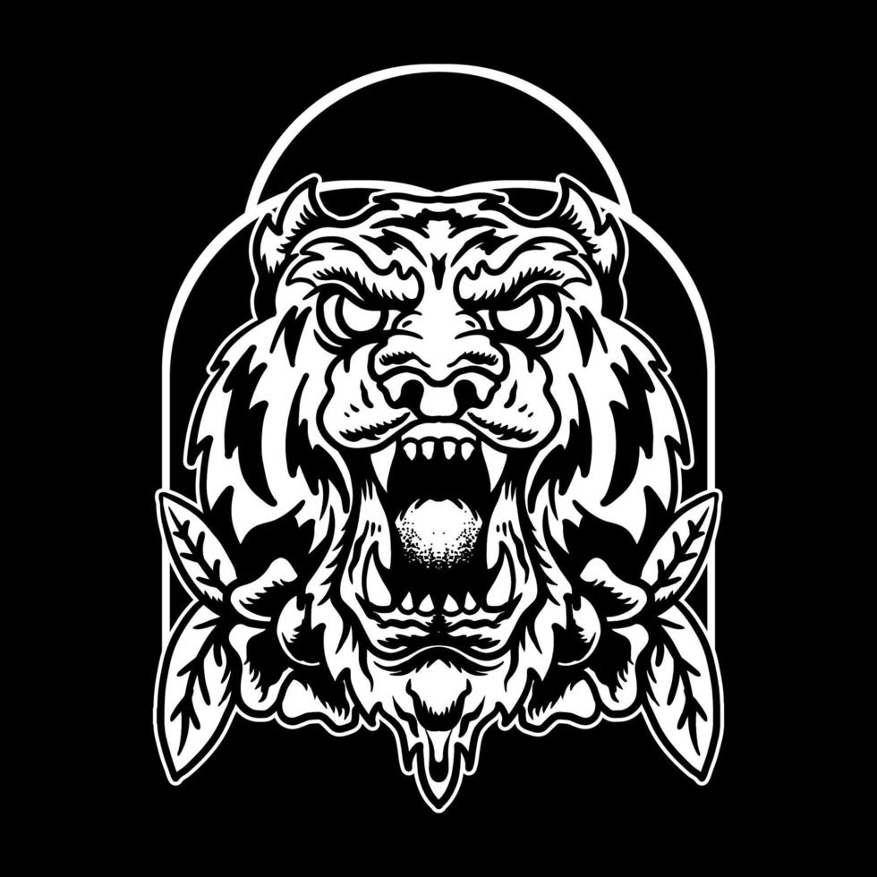 Tiger and flower tattoo illustration black white vector