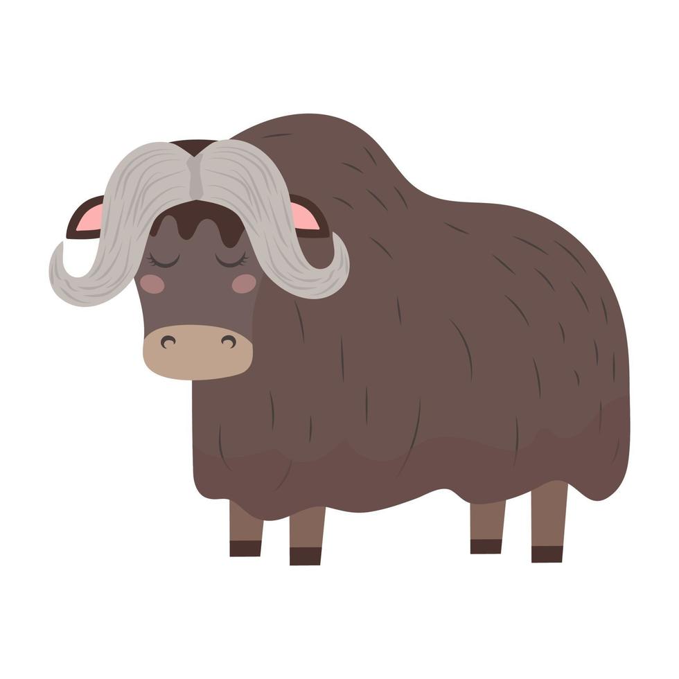 Yak wild bull or musk ox, cute vector childish illustration in flat style. For poster, greeting card and baby design.