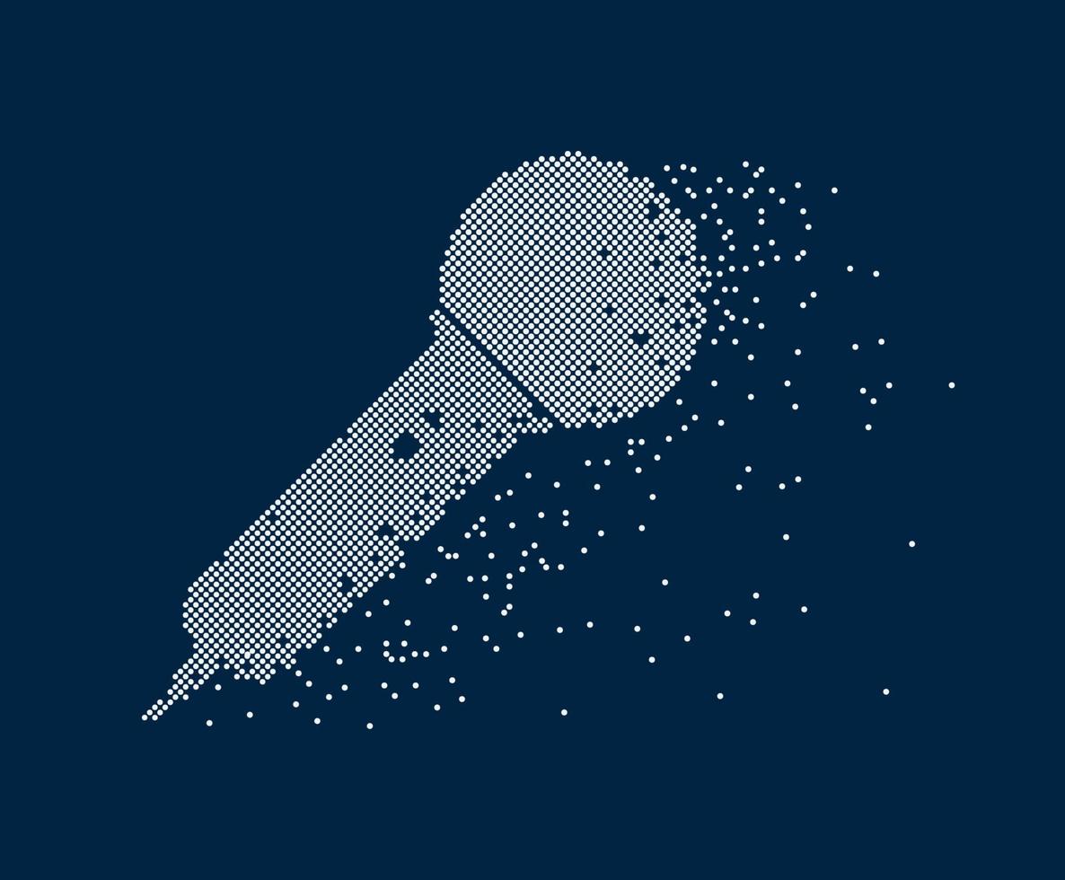 Microphone logo with particles on dark background. Isolated pixel mike. Vector illustration