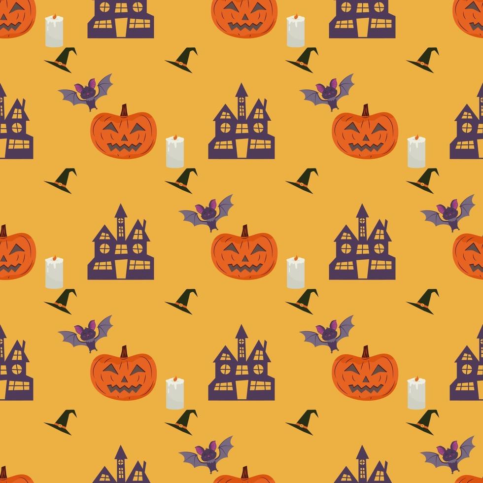 Halloween seamless pattern with pumpkin, cat, candles, witch hat and vampire bat. vector