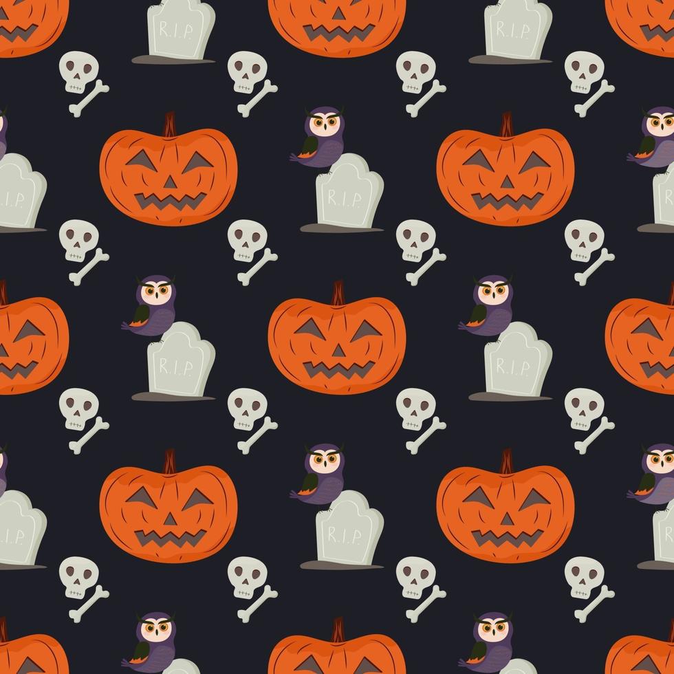 Halloween seamless pattern with pumpkin, owl, tombstone, skull and bone. vector