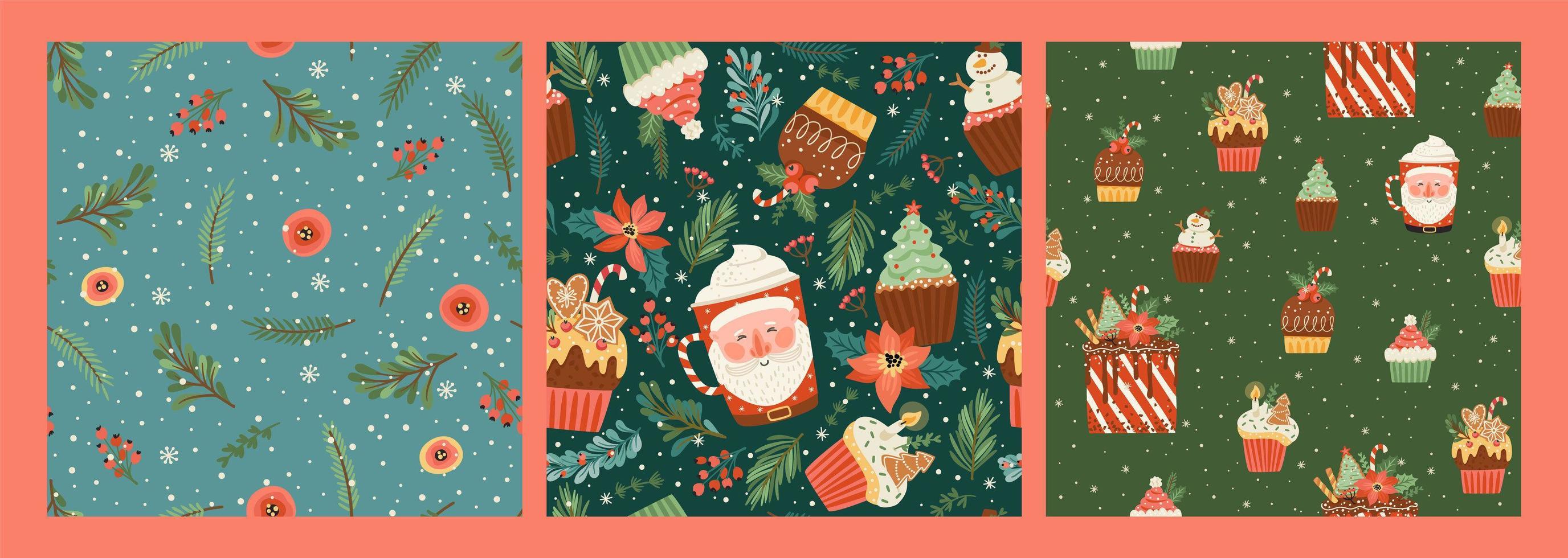 Set of Christmas and Happy New Year seamless patterns with christmas sweets and spruce twigs vector