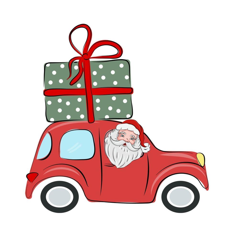 Santa Claus is driving a red car with a gift on the roof. Merry Christmas and Happy New Year vector