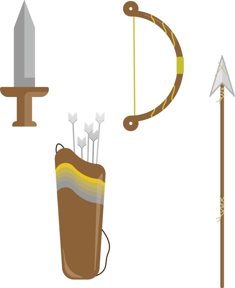 conjunto de armas medievales, que incluyen una espada, un arco, un carcaj con flechas y una lanza. estilo minimalista, diseño plano. marrón madera, gris hierro y amarillo oro. vector