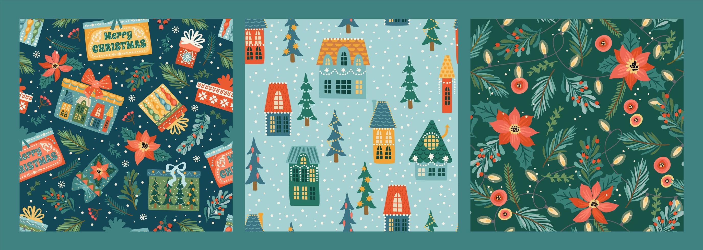 conjunto de patrones sin fisuras de Navidad y feliz año nuevo con casas de Navidad, cajas de regalo, ramitas de abeto, flores. vector