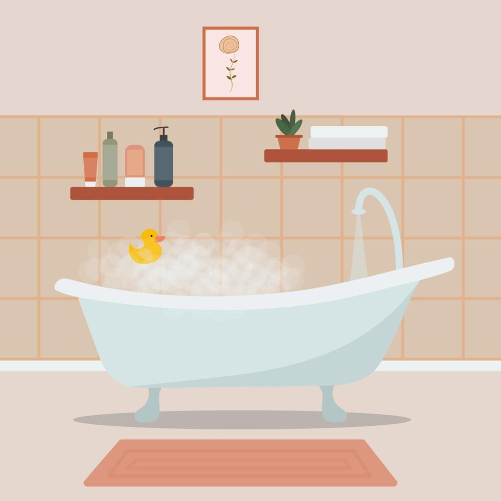 Cozy bathroom interior with bath full of foam and bath accessories. Foamy bathtub in cozy room. Flat vector illustration.