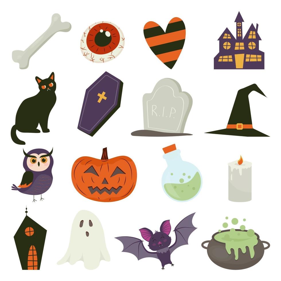 Cute vector set with Halloween illustrations, pumpkin, ghost, cat, bat, potion, bone, grave slab, coffin, owl, eye, witch hat. Isolated on white background flat illustration.