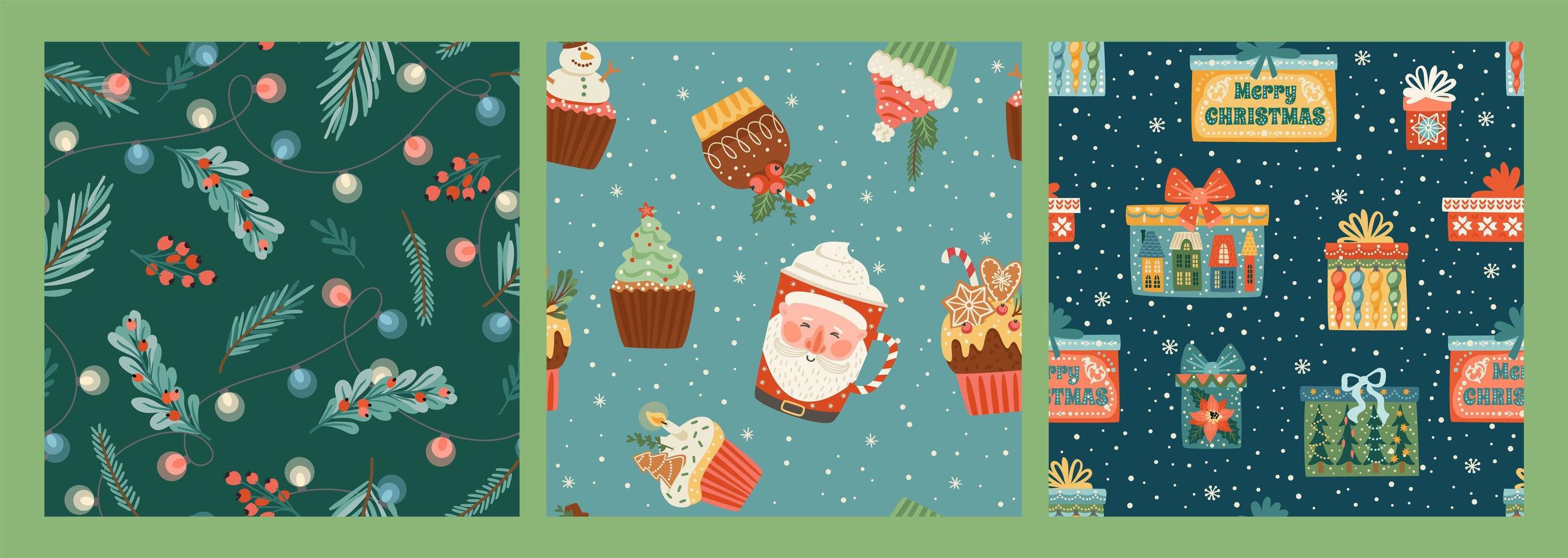 Set of Christmas and Happy New Year seamless patterns with christmas sweets, gift boxes, spruce twigs . vector