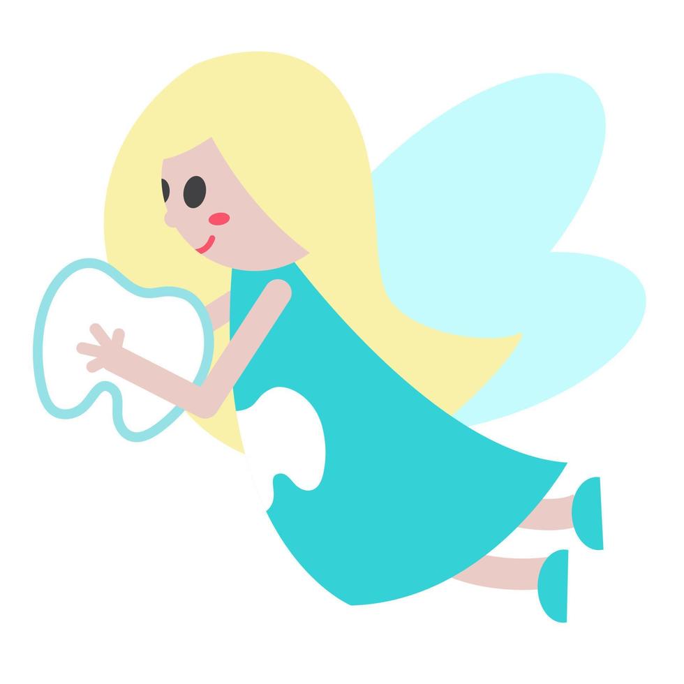 Funny cartoon Tooth Fairy. Cute girl with fair hair and wings. Fairy in blue dress with tooth print. Illustration for kids and children. Print for books, banner, invitation, sticker, design and decor vector