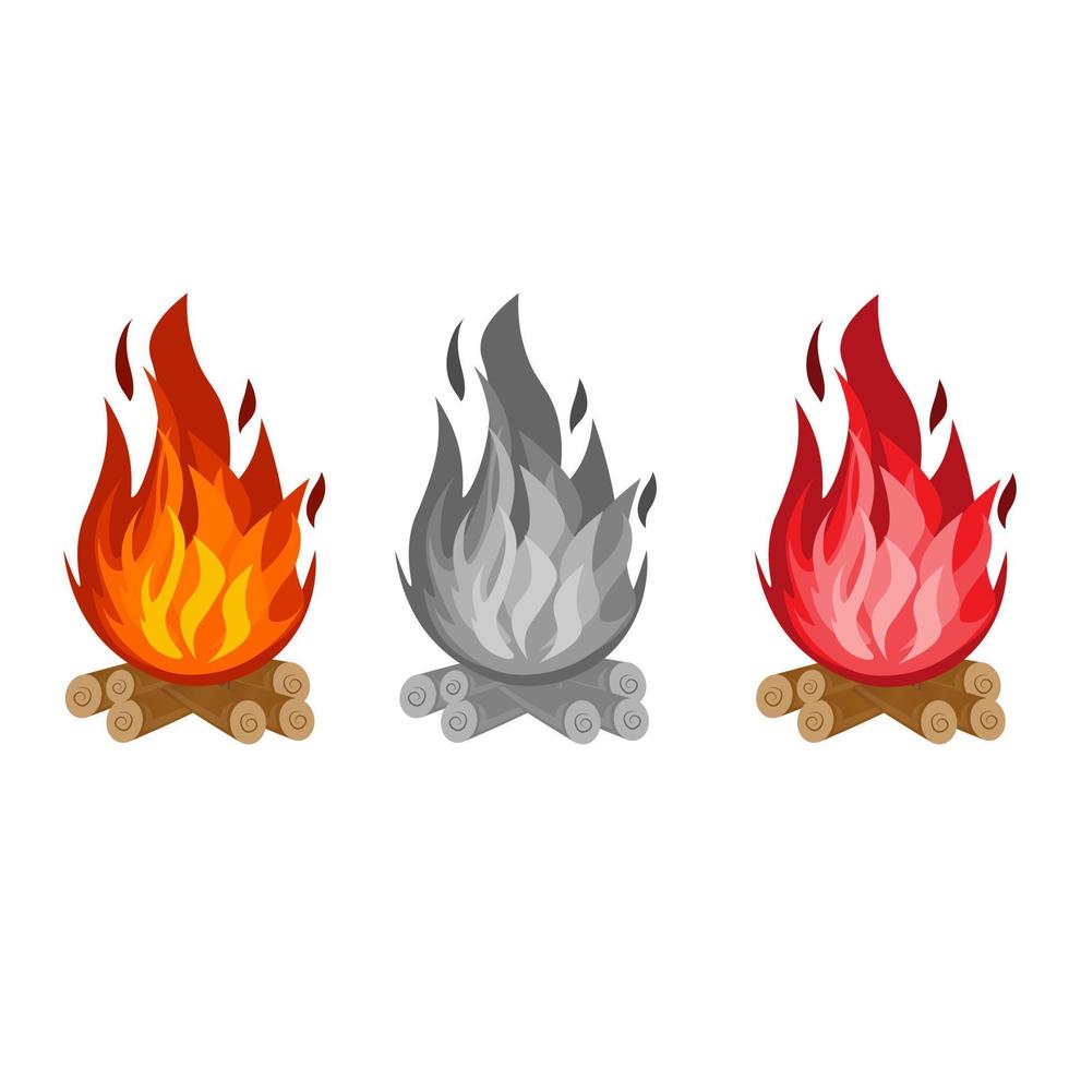 Red, Black and Orange Fire Flames on Wood or Campfire. Vector illustration is made on white background.