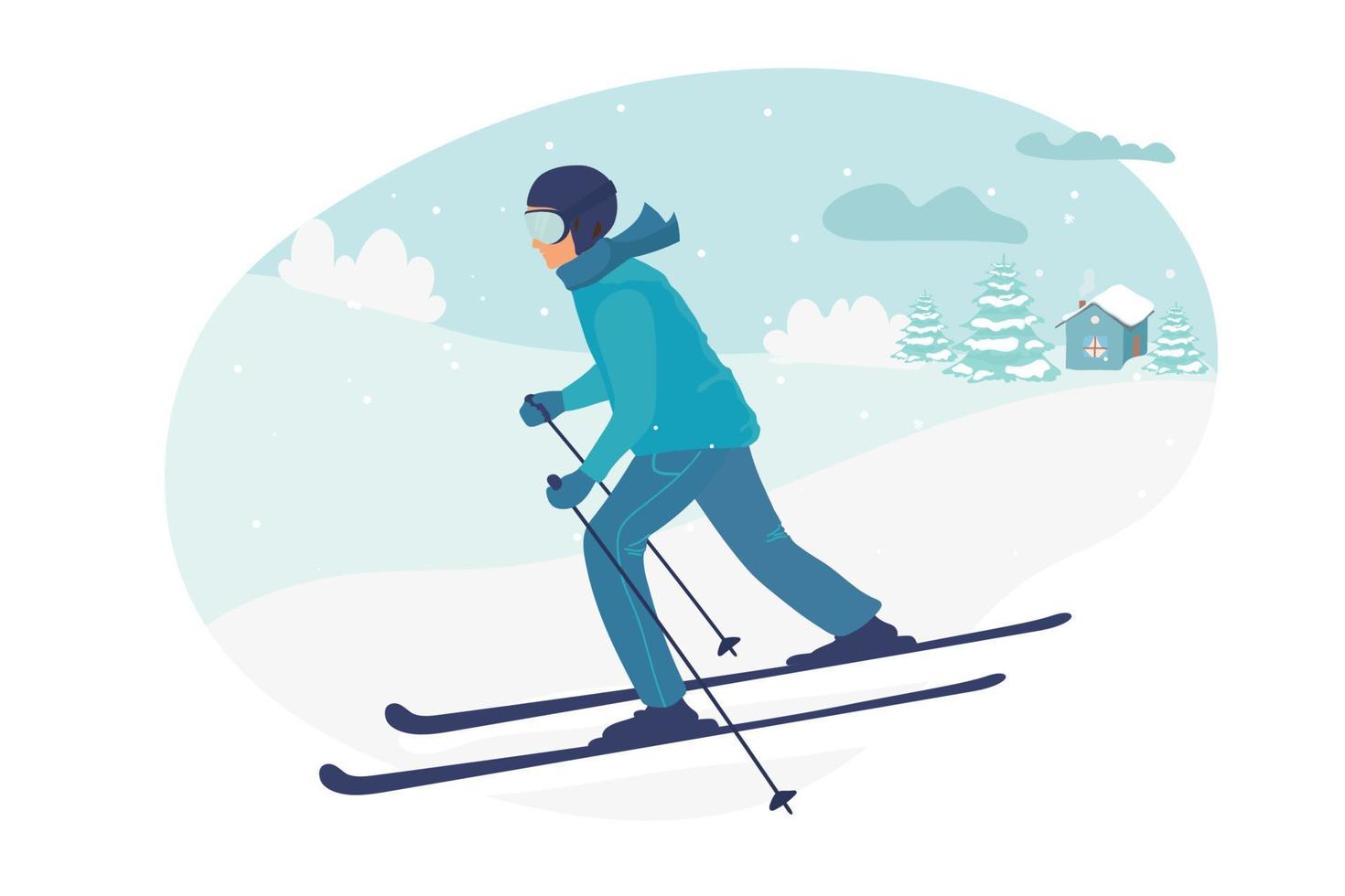 joven montado en esquís enmascarado, invierno. ilustración vectorial plana en estilo de dibujos animados. Ilustración de vector de actividades deportivas de invierno. paisaje de invierno