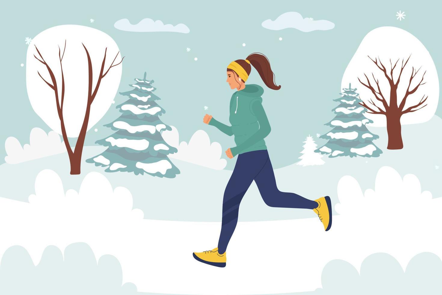 Ejecutando mujer deportiva en una chaqueta, ropa de abrigo corre contra el fondo del paisaje invernal. joven practica deportes. ilustraciones de diseño de vectores de estilo dibujado a mano. dibujos animados. corriendo en invierno