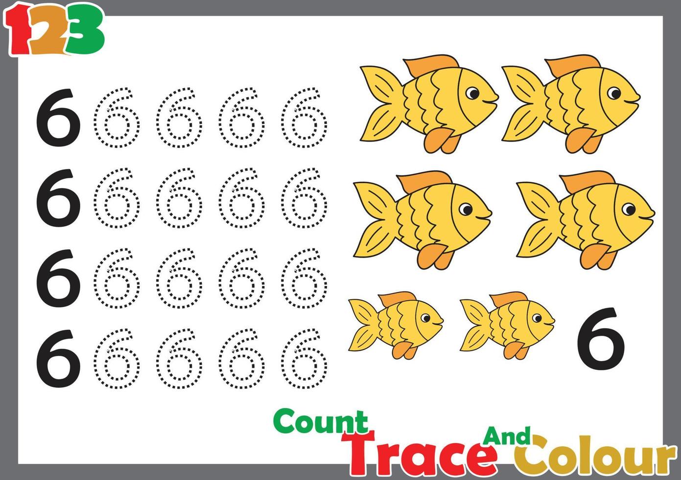 number trace and color  with fish for kids vector