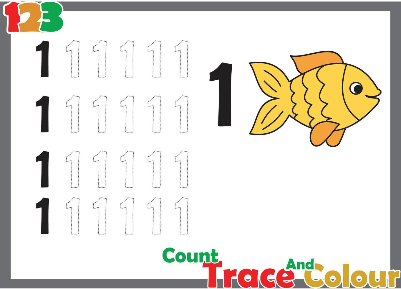 number trace and color  with fish for kids vector